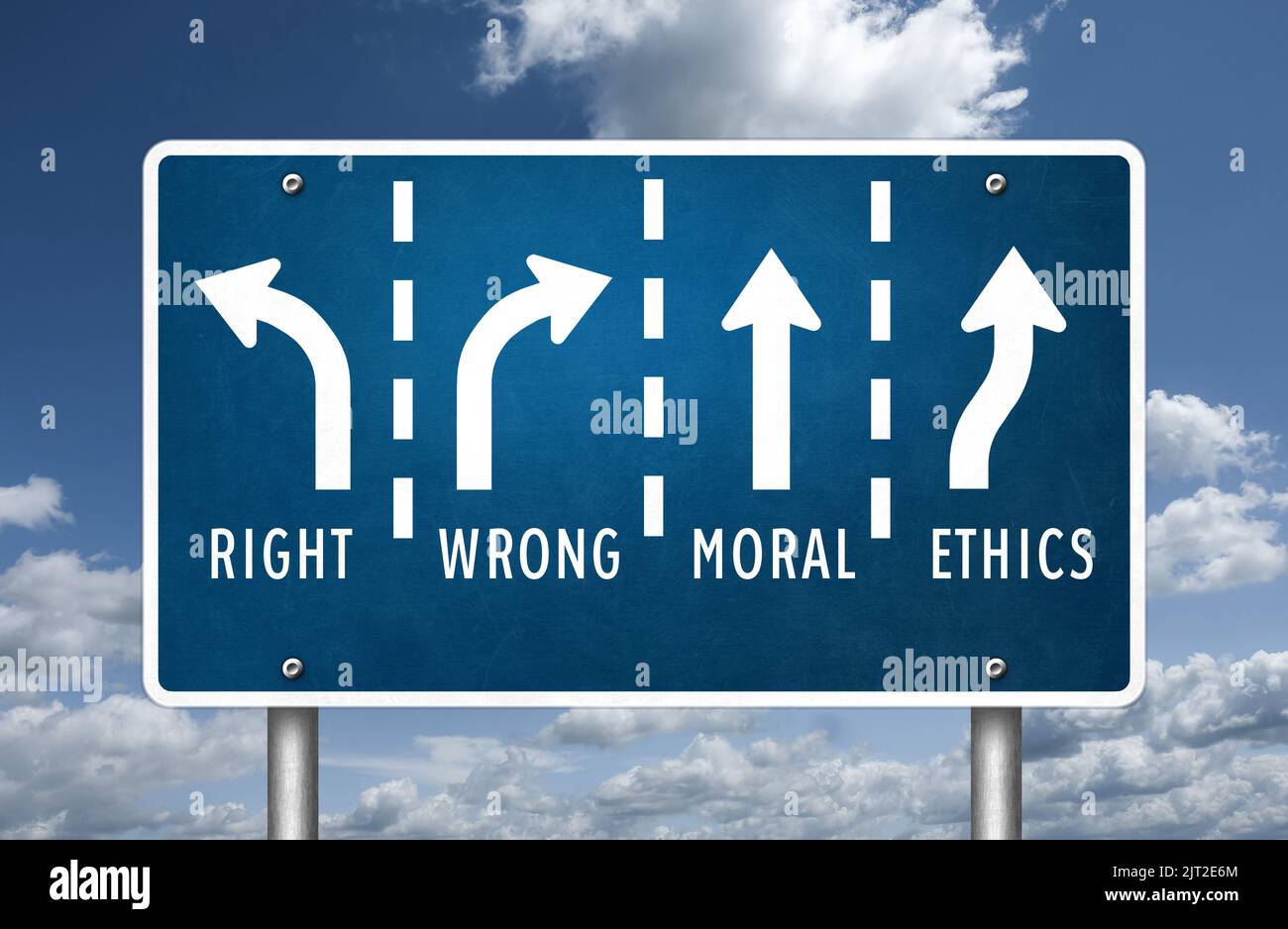 Decisión entre la moral correcta y la ética equivocada - concepto de la señal de carretera Foto de stock