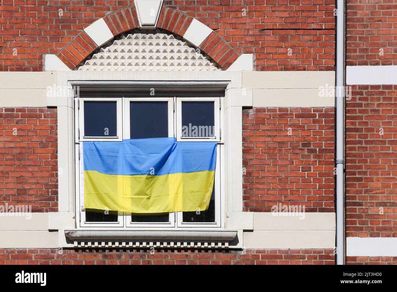 Bandera ucraniana en una ventana en Aarhus, Dinamarca Foto de stock
