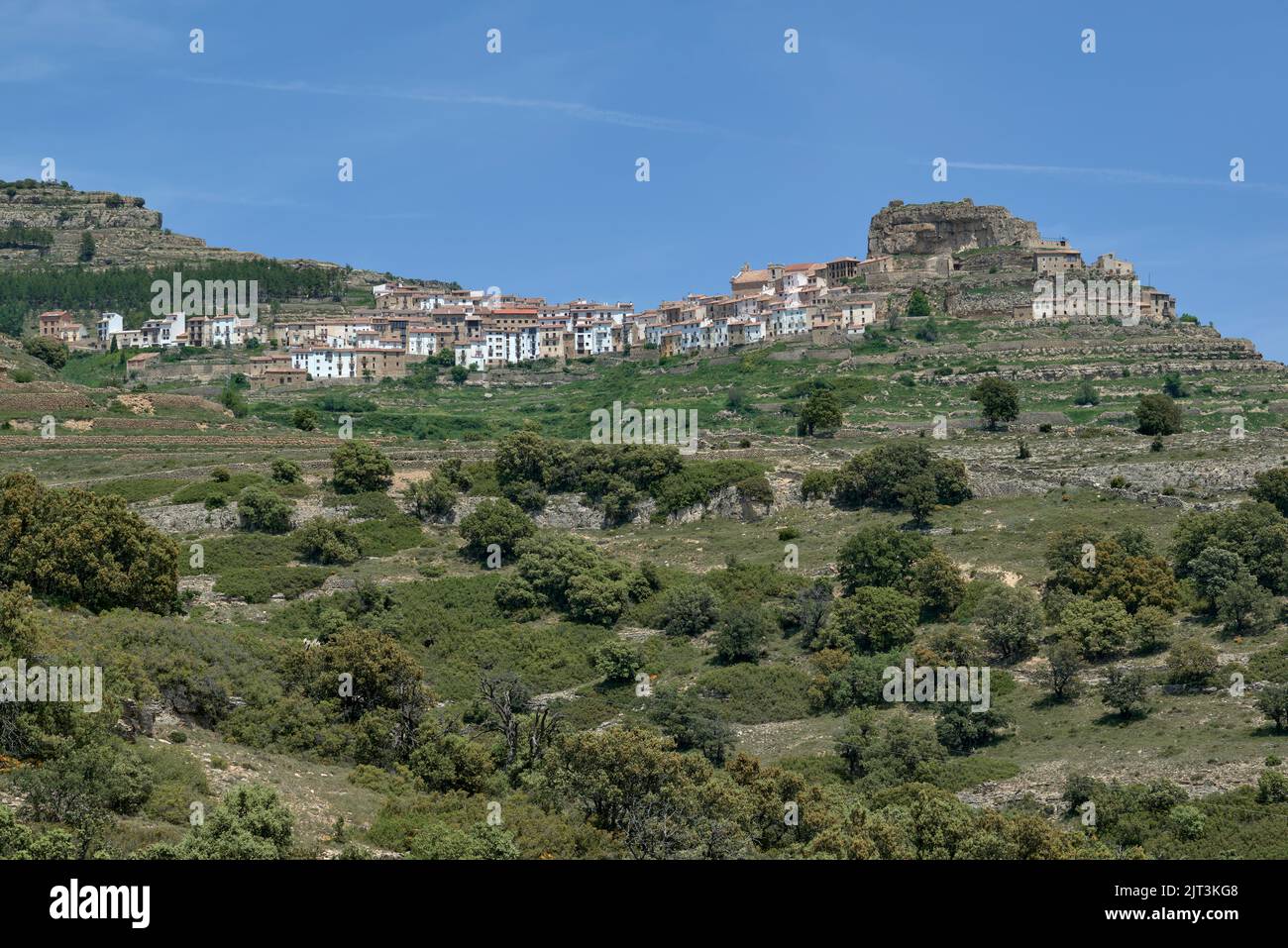 Impresionante pueblo de Morella la Vella declarado uno de los más bellos de España en la provincia de Castellón, Comunidad Valenciana, España, Europa Foto de stock