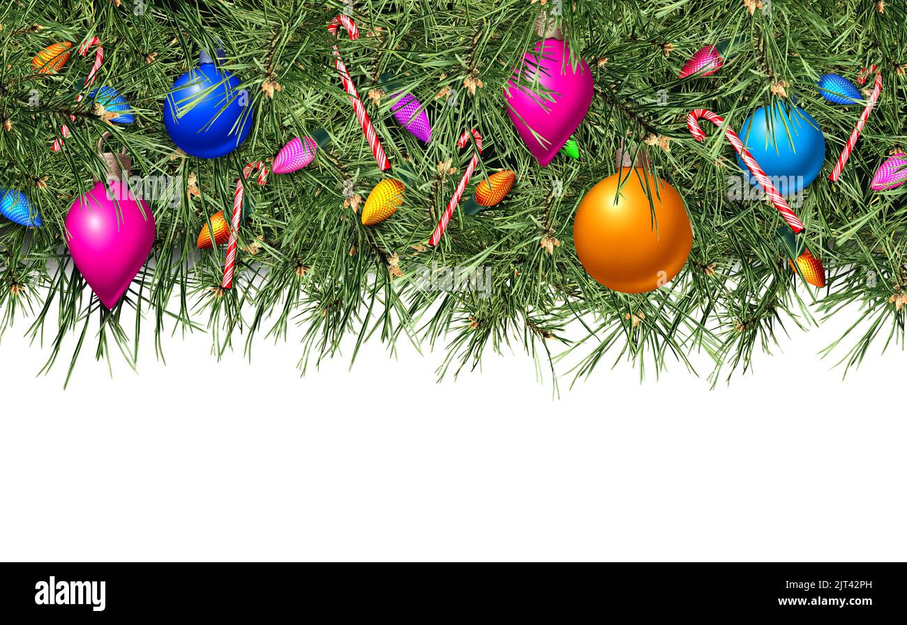 Navidad de fondo blanco con árbol de pino perenne y celebración de invierno adornos de Navidad con área de texto como una promoción festiva de temporada Foto de stock