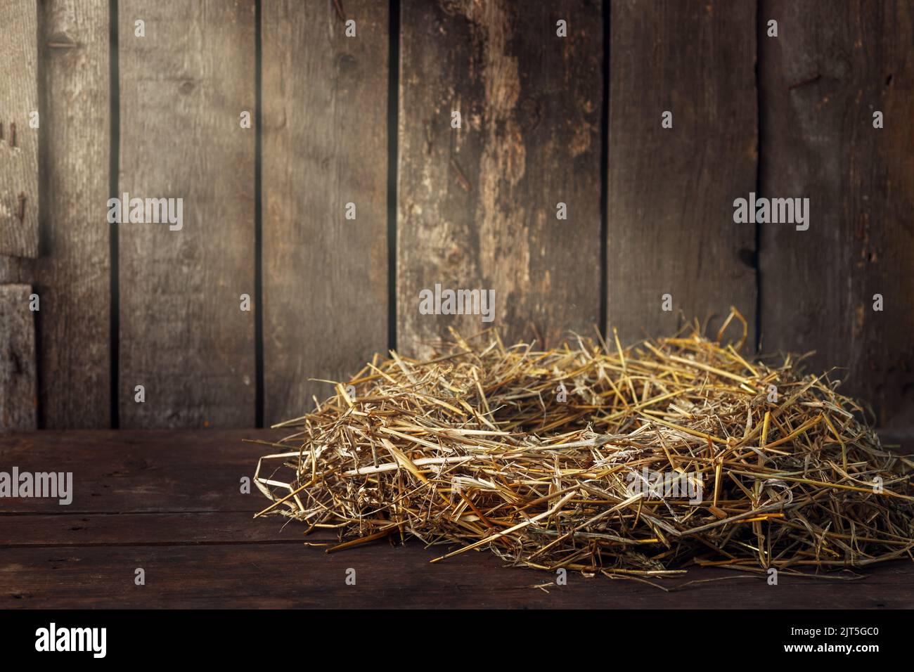 nido de pájaro vacío hecho de paja seca sobre fondo de madera Foto de stock