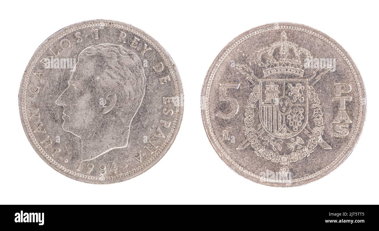 Moneda española de 5 pesetas del año 1984 Foto de stock