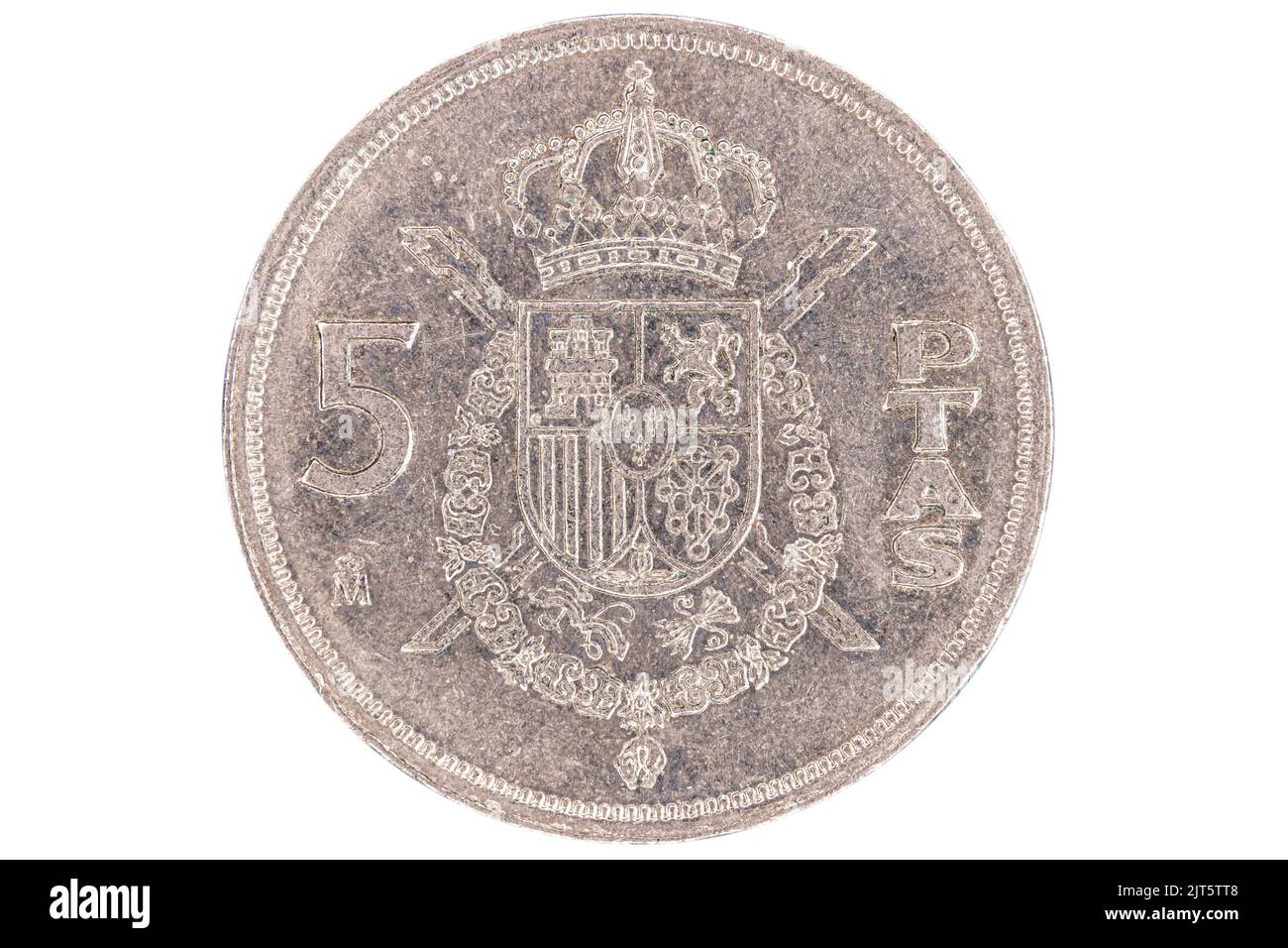 Reverso con el emblema de la moneda española de 5 pesetas del año 1984 Foto de stock