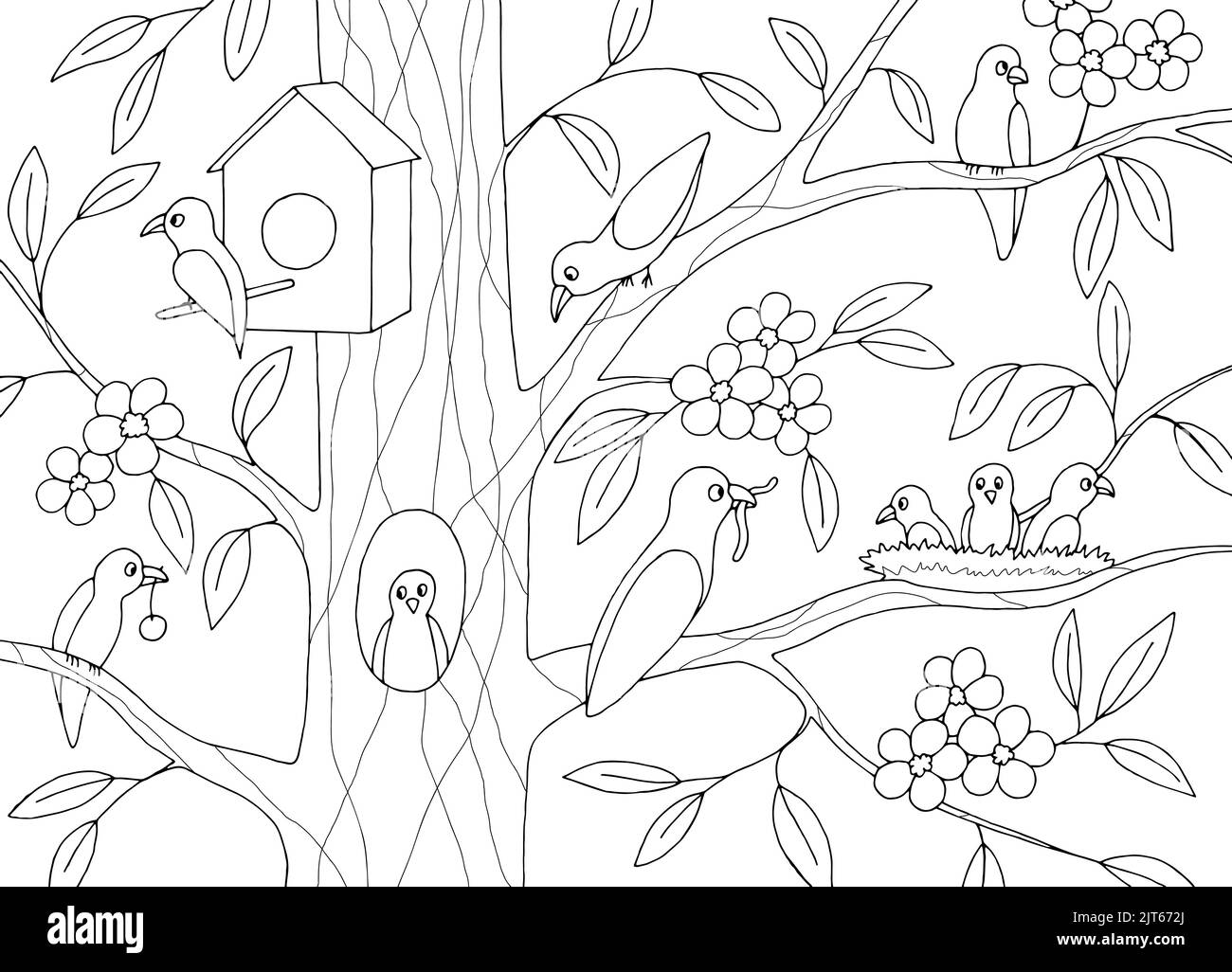 Gracioso pájaros sentados en árbol pájaro casa gráfico negro blanco dibujo ilustración vector Ilustración del Vector