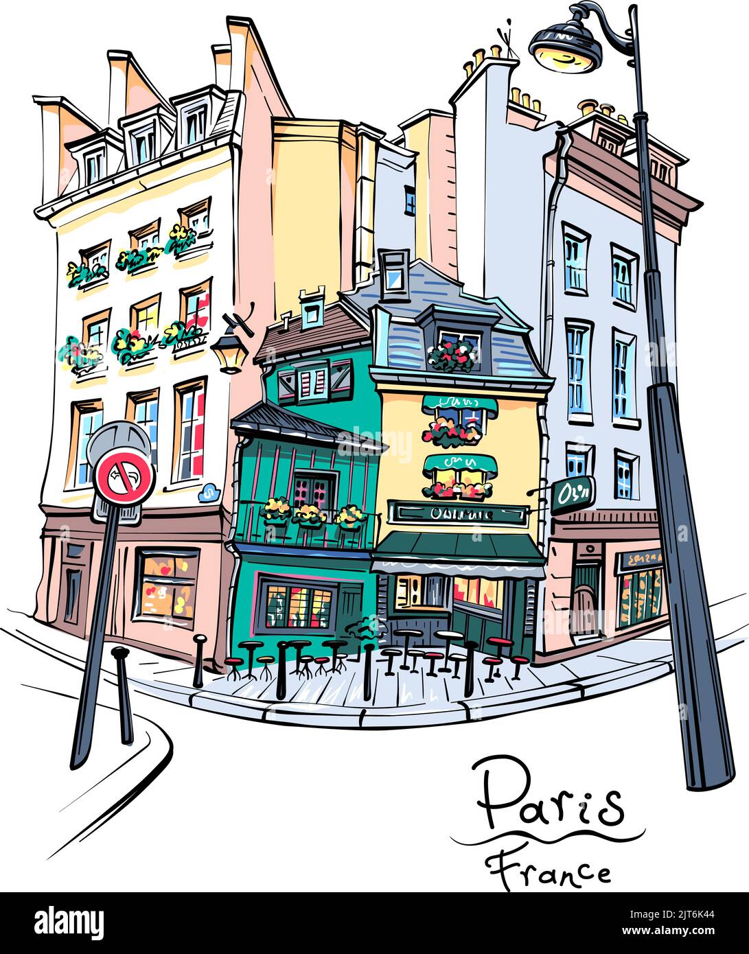 Croquis de color de dibujo a mano vectorial. Casa típica parisina con café y faroles, París, Francia. Ilustración del Vector