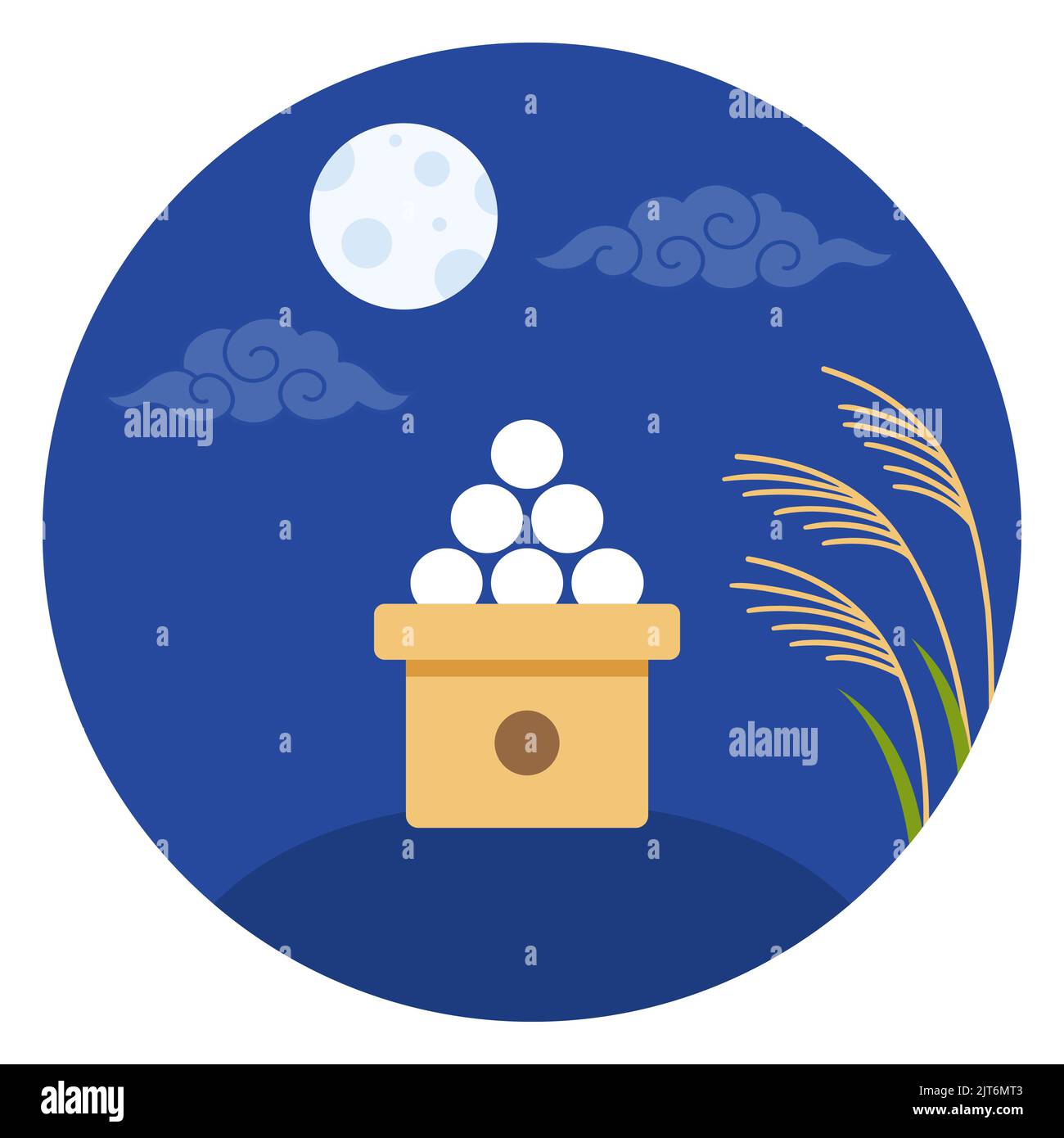 Vista de luna llena en Tsukimi, Festival Japonés de Mediados de Otoño. Cielo nocturno con dango (tortas de arroz) y pampas. Ilustración vectorial de dibujos animados planos. Ilustración del Vector