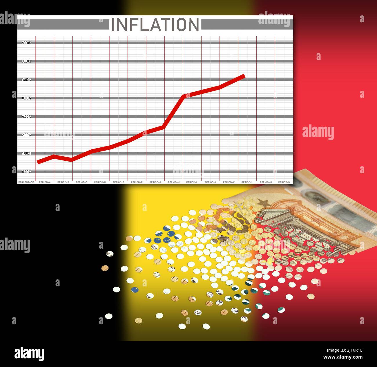 Tabla, con inflación creciente y un billete de 50 euros que se disuelve en confeti. Bandera belga en el fondo. (Sin números reales, sólo ilustración). Foto de stock