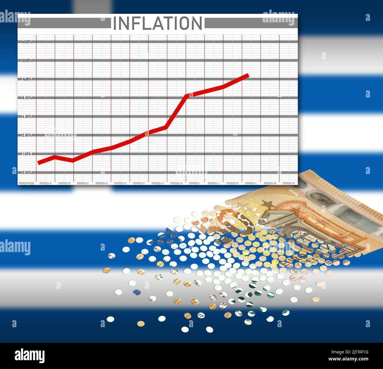 Tabla, con inflación creciente y un billete de 50 euros que se disuelve en confeti. Bandera griega en el fondo. (Sin números reales, sólo ilustración). Foto de stock
