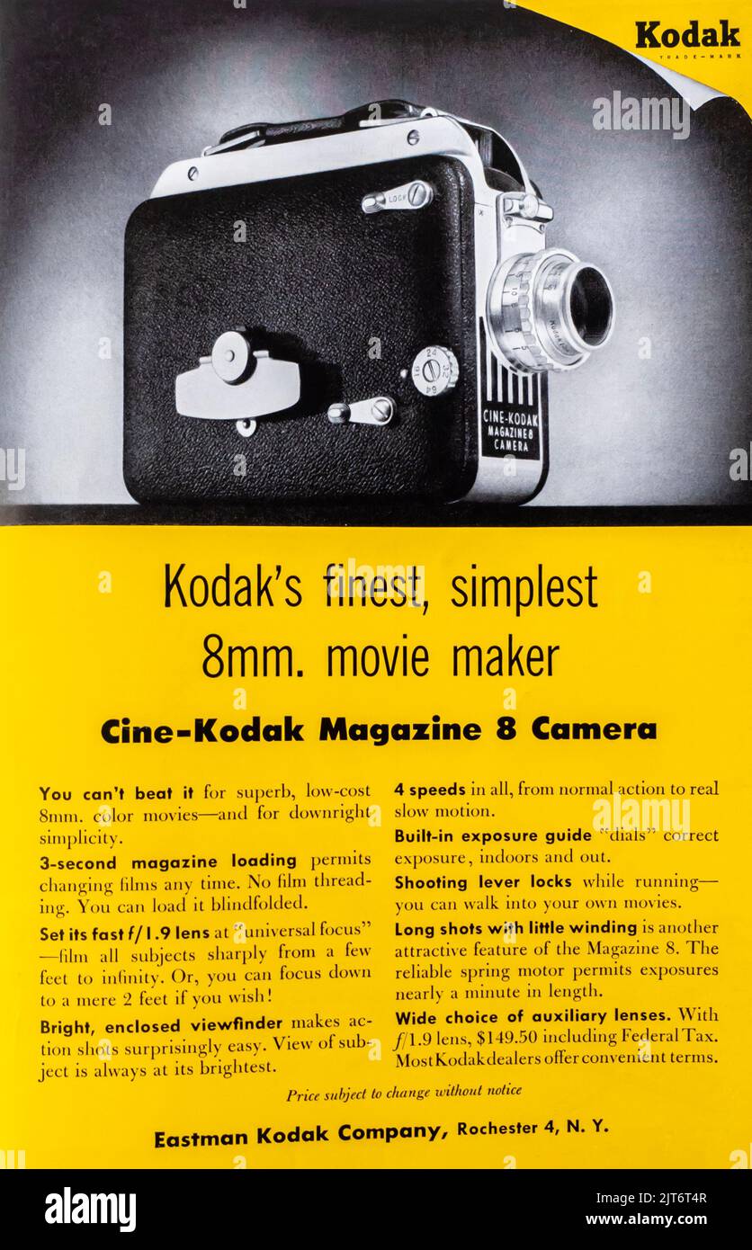 1954 Eastman Kodak Cámara De Cine Vintage Retro Anuncio Impreso Color Blanco Negro Flash 