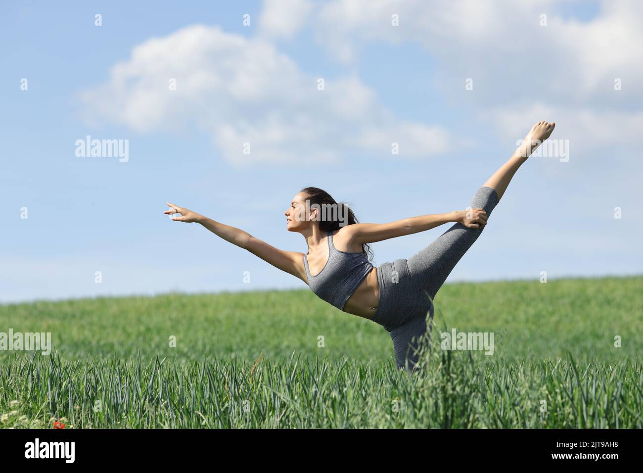 Perfil de una mujer entrenando ballet en un campo de trigo Foto de stock