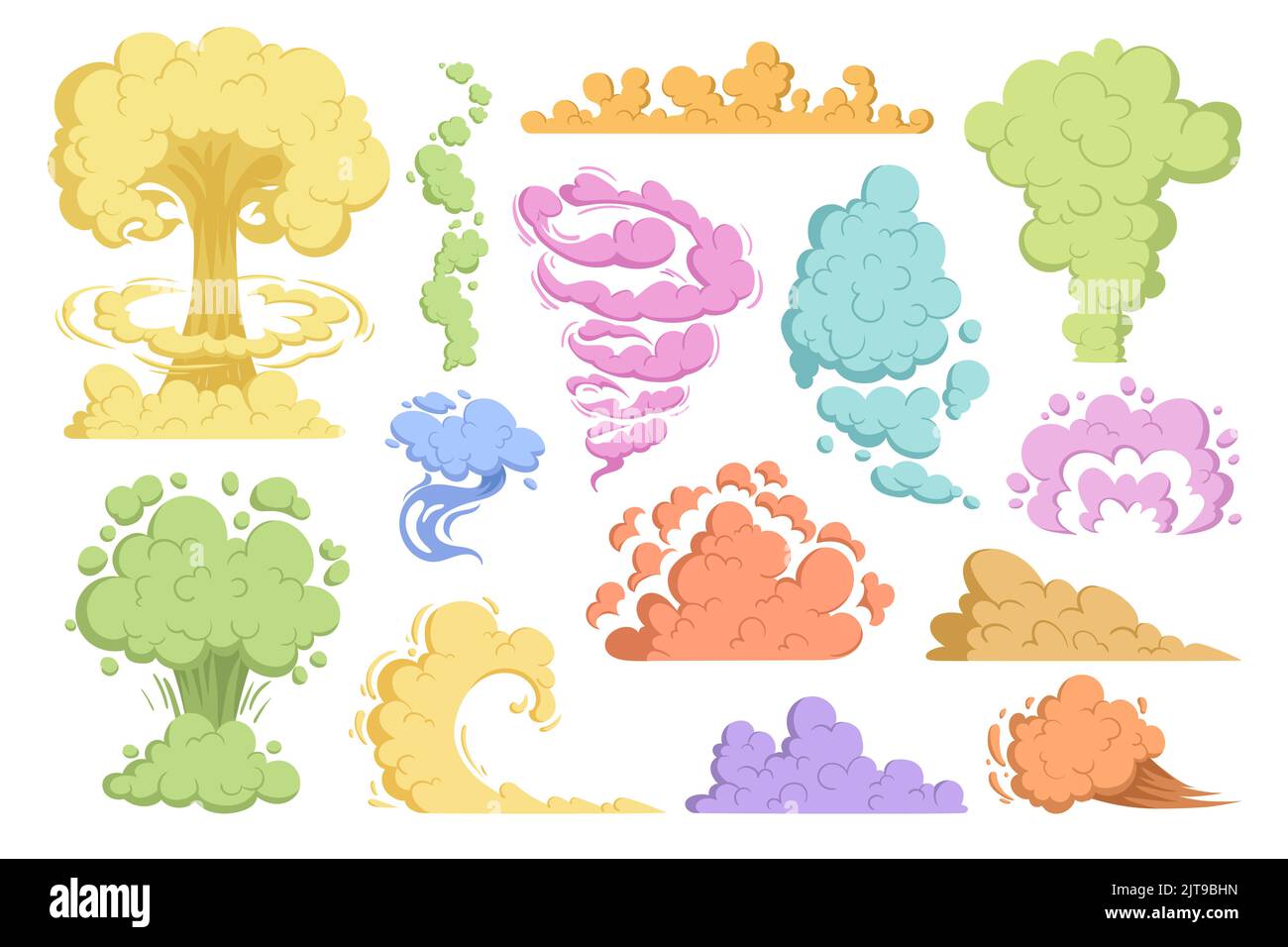 Coloridas nubes de humo, nubes de humo. Coloridos flujos de nubes de vapor, colores pastel nubes vector ilustraciones conjunto. Colección de nubes de polvo... nubes de corrientes de polvo de color rosa, azul, amarillo y verde. Ilustración del Vector