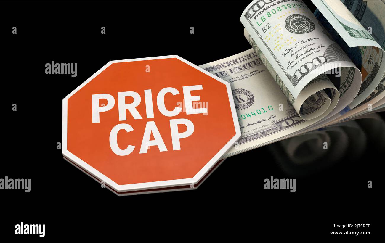 ce CAP - Firmar con la palabra PRICE CAP se encuentra en los billetes en dólares estadounidenses Foto de stock