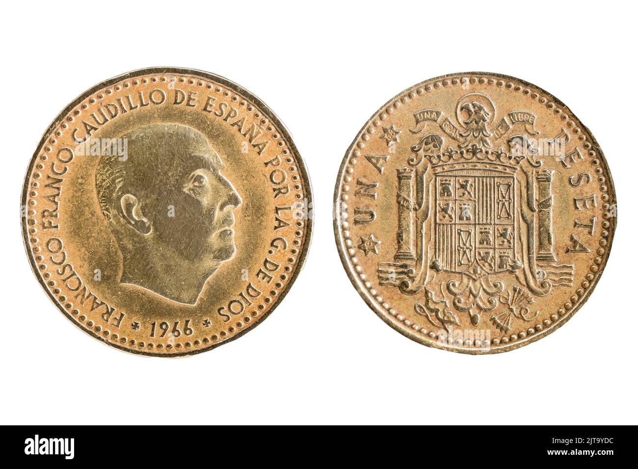 Una ( 1 ) moneda peseta de España con la esfinge de Francisco Franco y el escudo falangista Foto de stock