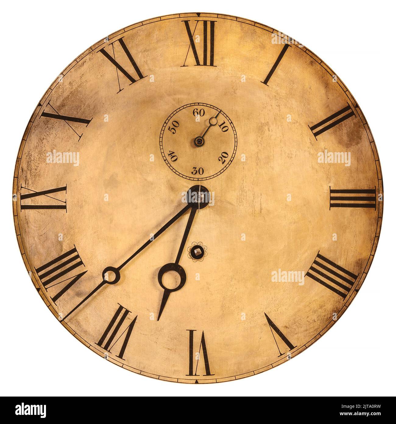La vieja cara del reloj desgastada aislada sobre un fondo blanco Foto de stock