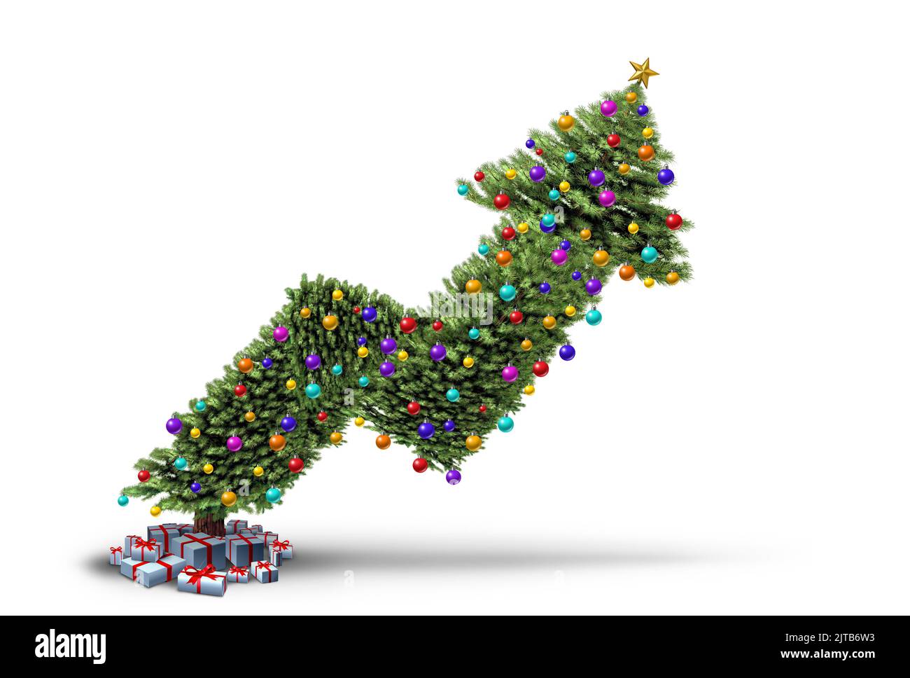 Aumento de los precios de Navidad y el aumento del costo de vacaciones de invierno de la compra de regalos como inflación estacional y el concepto de crisis financiera como un árbol de pino decorado Foto de stock