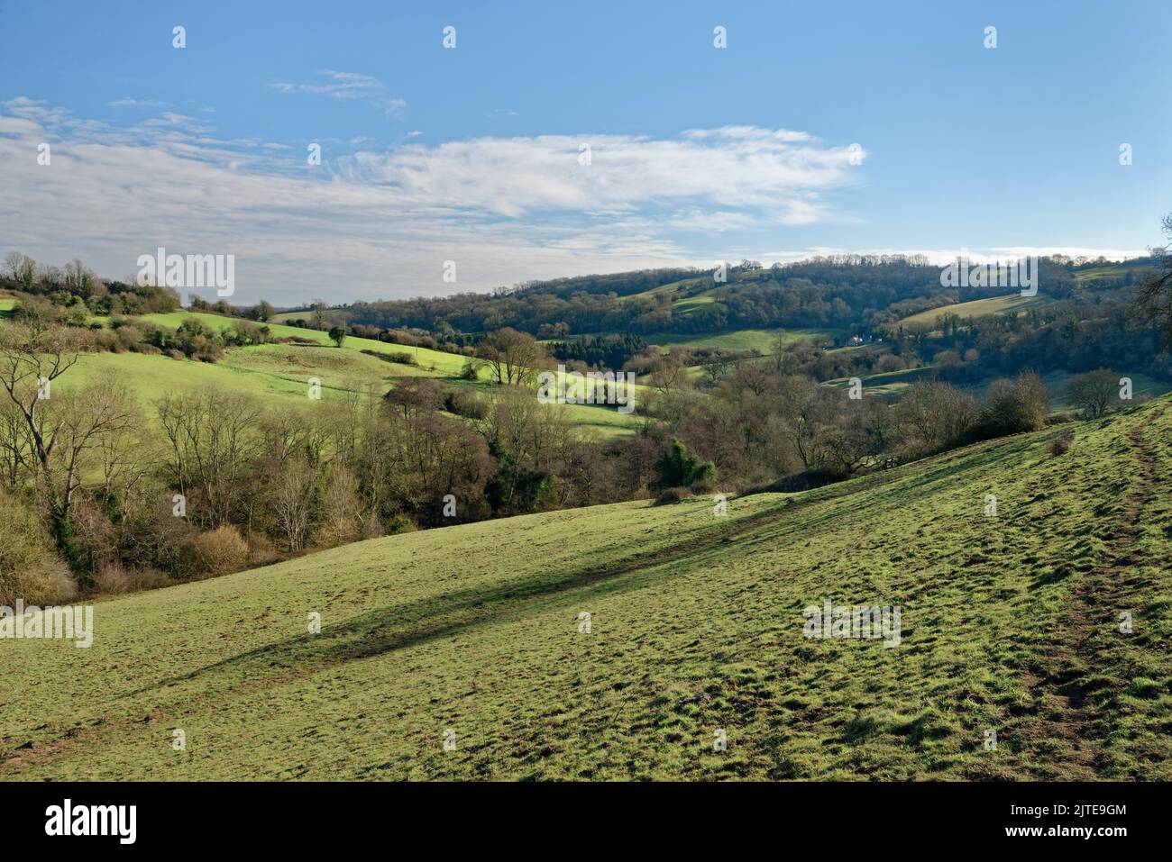 St. Catherine's Valley y Cotswold Hills desde el sendero Limestone Link cerca de Cold Ashton, South Gloucestershire, Reino Unido, febrero. Foto de stock