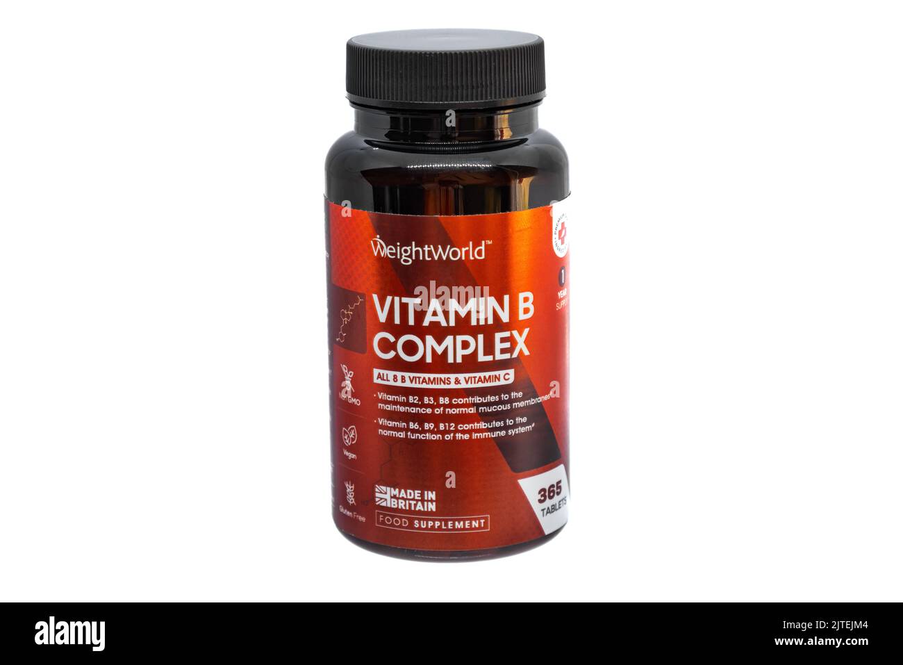 Huelva, España - 30 de agosto de 2022: Botella de píldoras de complejo de vitamina B con vitamina C. Foto de stock