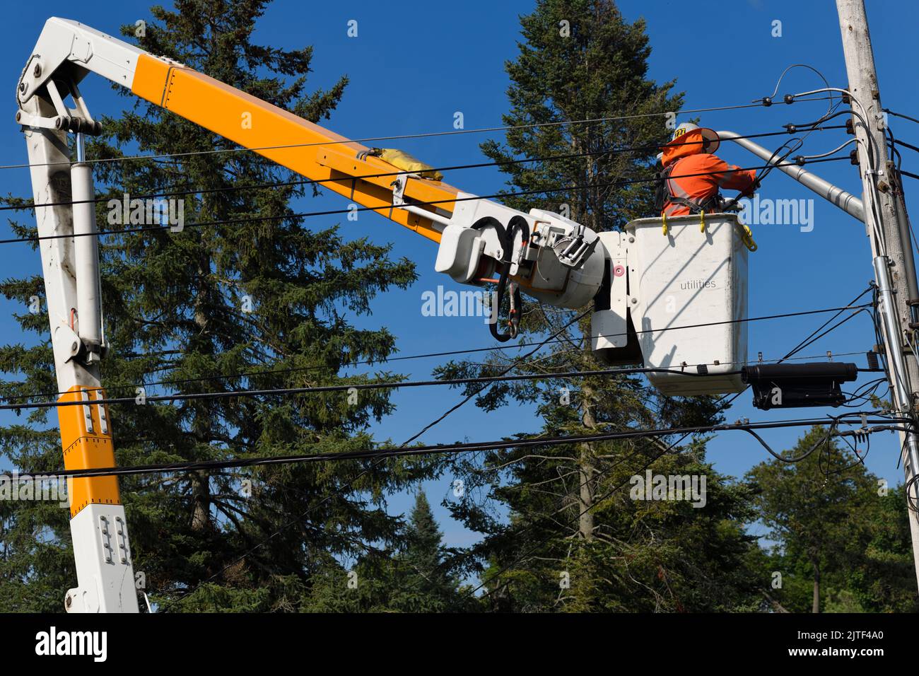 Hidro trabajador en la elevación de la cuchara en el poste hidro que fija una nueva línea de energía eléctrica residencial de la utlilidad Foto de stock