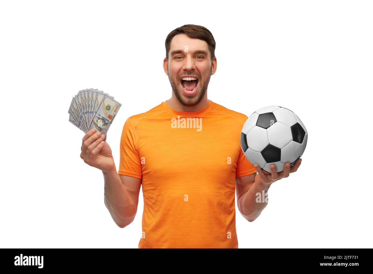 feliz fan del fútbol con balón de fútbol y dinero Foto de stock