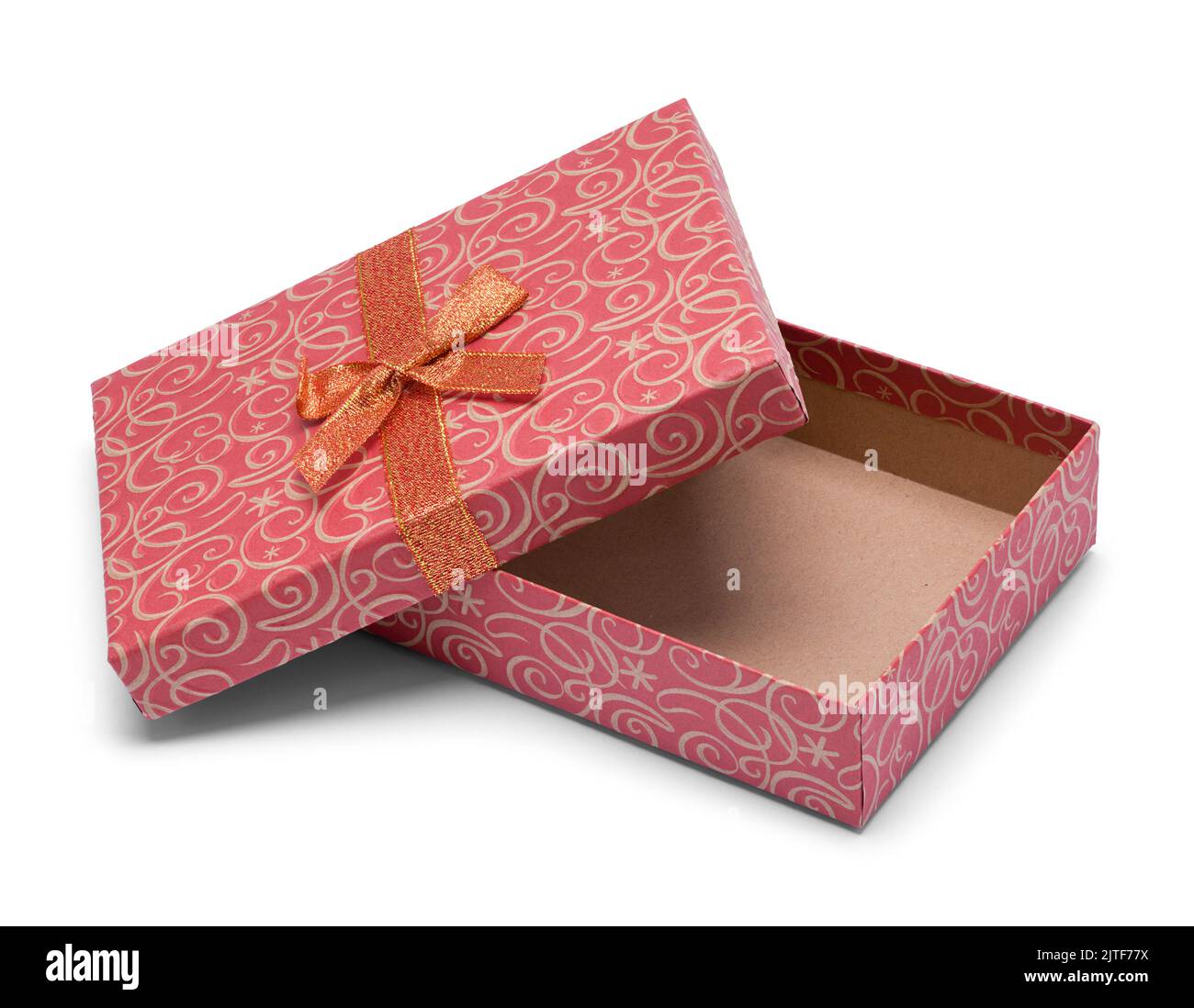 Caja de regalo roja plana abierta con corte en blanco. Foto de stock