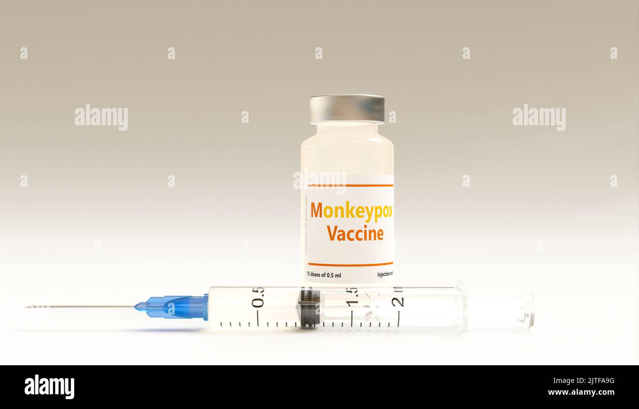 jeringa y vacuna contra la viruela del simio. presentación 3d Foto de stock