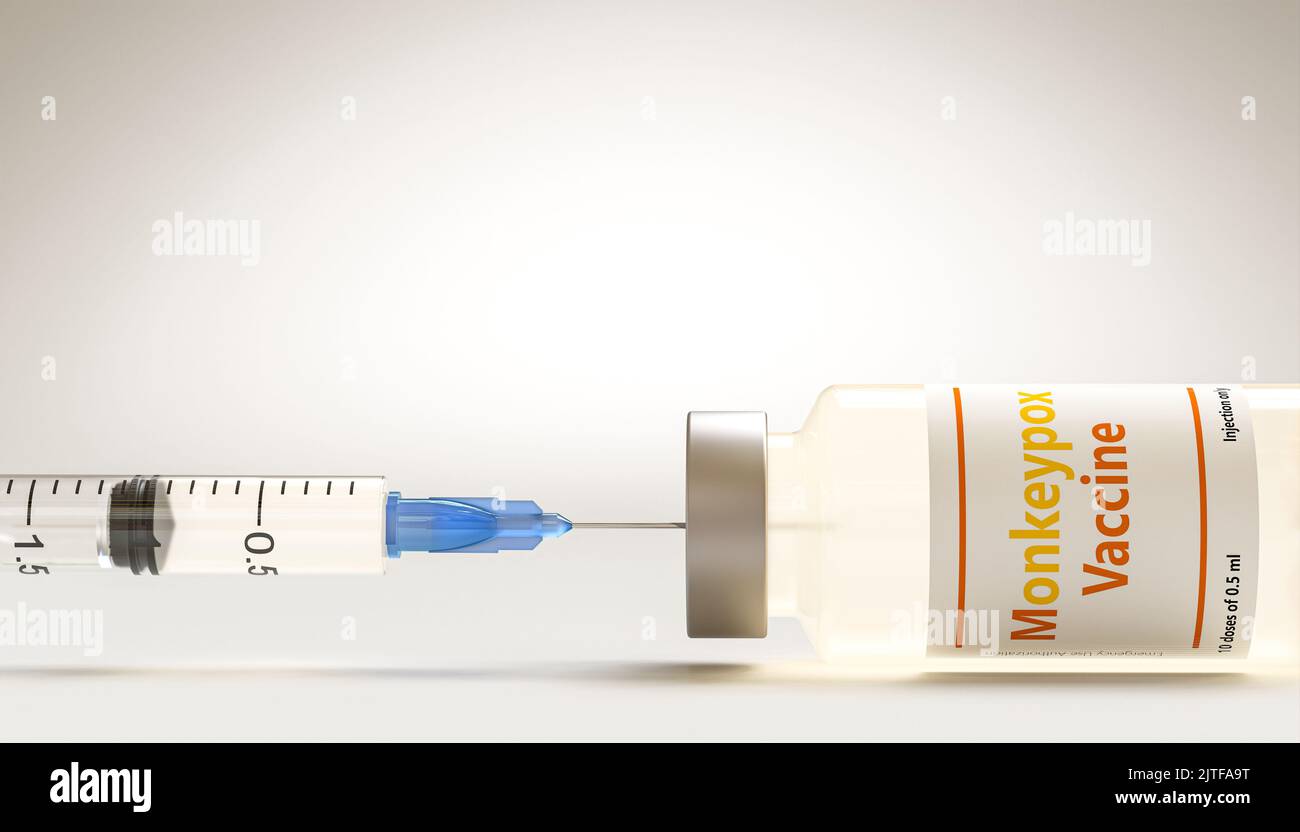 jeringa y vacuna contra la viruela del simio. concepto de inmunización. presentación 3d Foto de stock