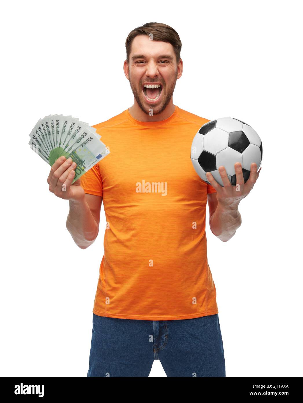 feliz fan del fútbol con balón de fútbol y dinero Foto de stock