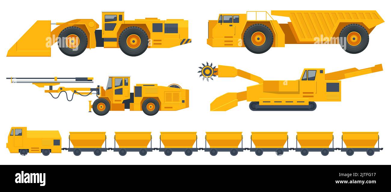 Máquinas de minería de canteras isométricas, carro de minería de vista lateral, subterráneo, vagón ferroviario, túnel de perforación, camión de minería subterránea y auto Ilustración del Vector
