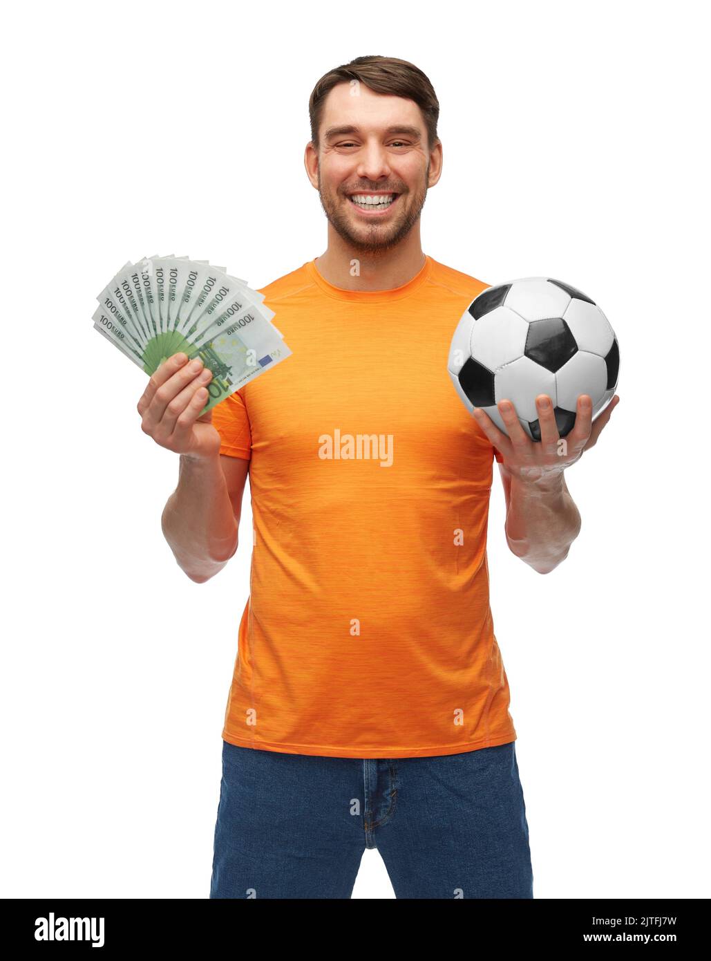 feliz fan del fútbol con balón de fútbol y dinero Foto de stock