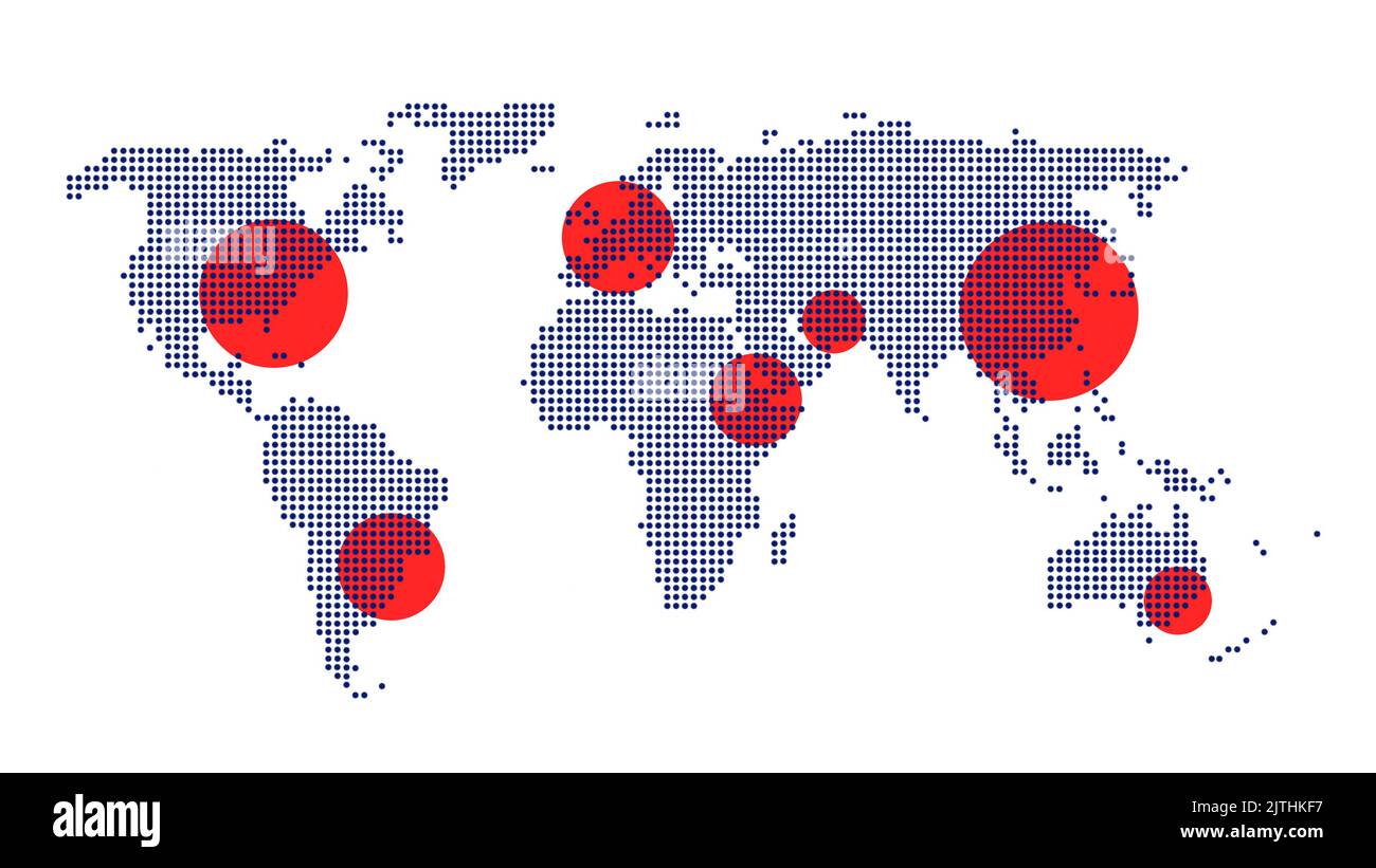 Mapa del mundo azul oscuro de semitonos punteados o pixelados con varias áreas rojas redondas resaltadas sobre fondo blanco. Mapa del mundo abstracto en resolución 4K. Foto de stock