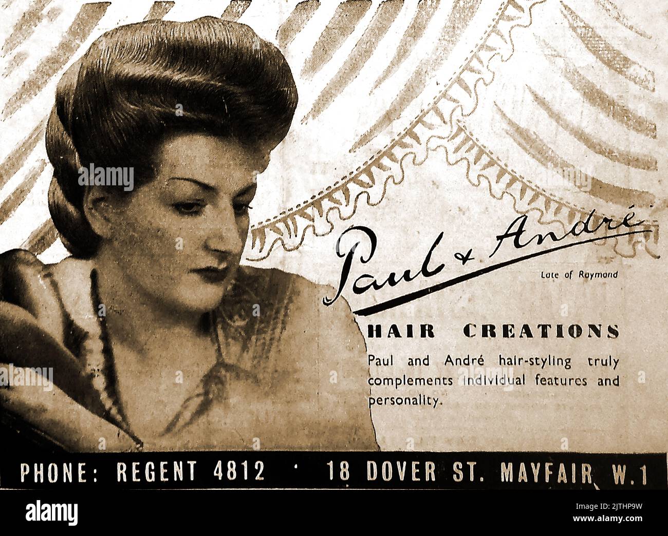 Un anuncio de 1946 para las creaciones del pelo de Paul Andre 'late of Raymond' de 18 Dover street, Mayfair, Londres Foto de stock