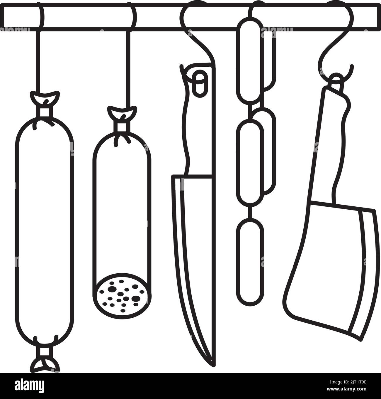 Salchichas de salami y cuchillos colgando de la línea de ferrocarril Icono ilustración vectorial para el Día de Salami el 7 de septiembre Ilustración del Vector