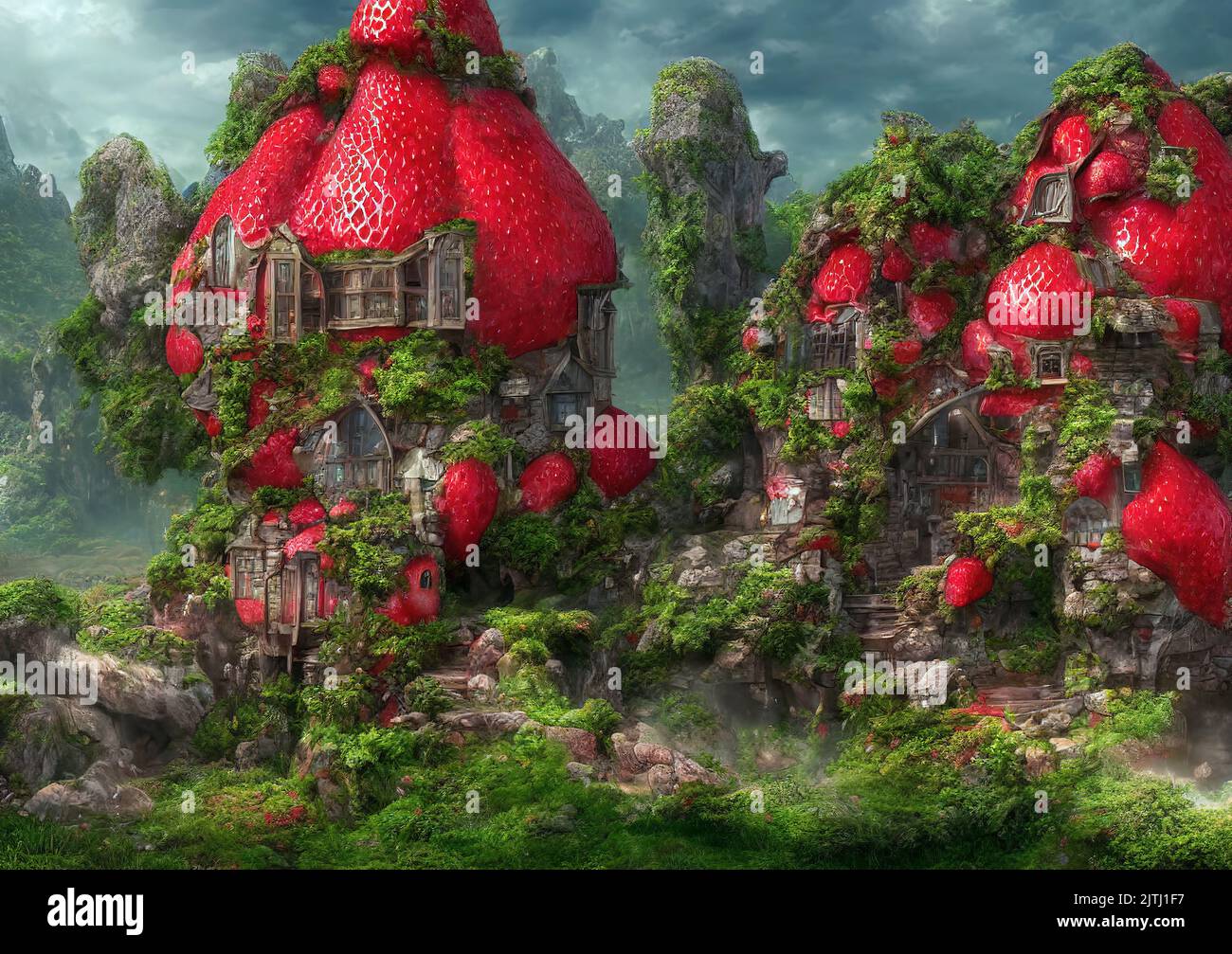 3d rendering de fantasía fresa pueblo cabaña Foto de stock