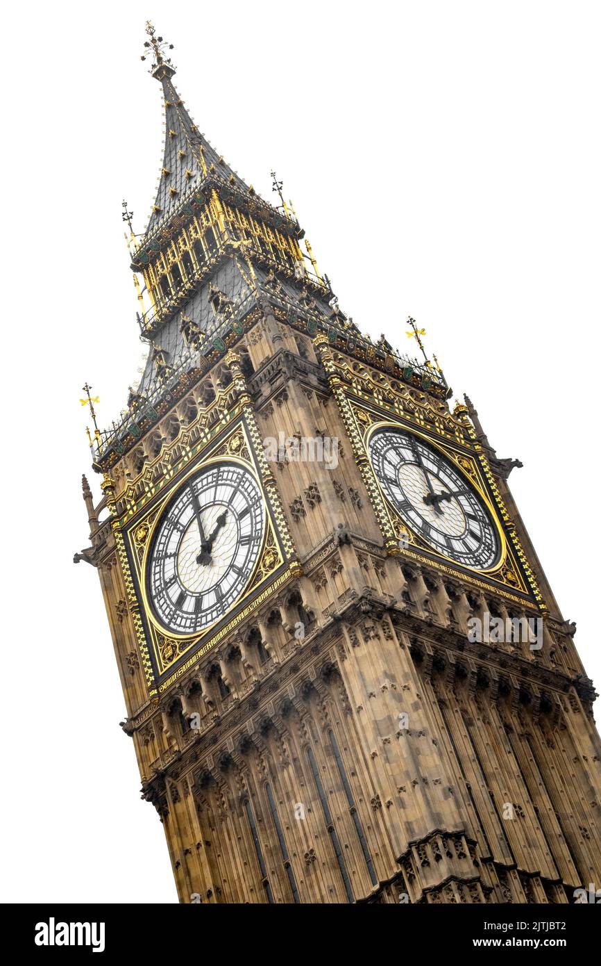 La adornada torre del reloj que alberga el Big Ben en Londres, Inglaterra, Gran Bretaña aislada sobre fondo blanco con recorte de ruta de recorte concepto para Britis Foto de stock
