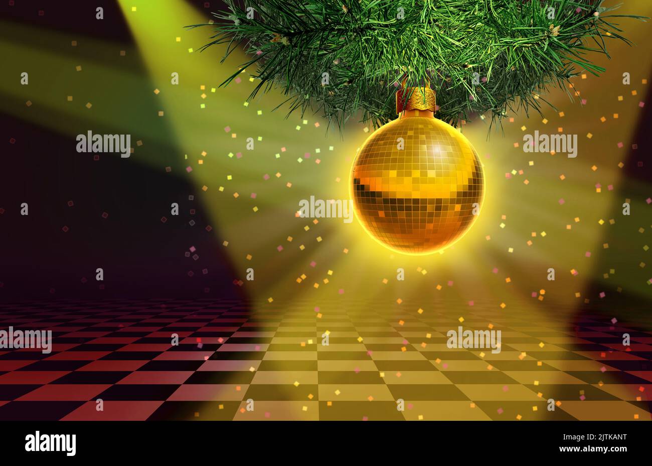 El fondo de la fiesta de Navidad y el acontecimiento de la fiesta de Nochevieja en una pista de baile con un adorno de árbol de temporada en forma de símbolo de bola de espejo de discoteca Foto de stock