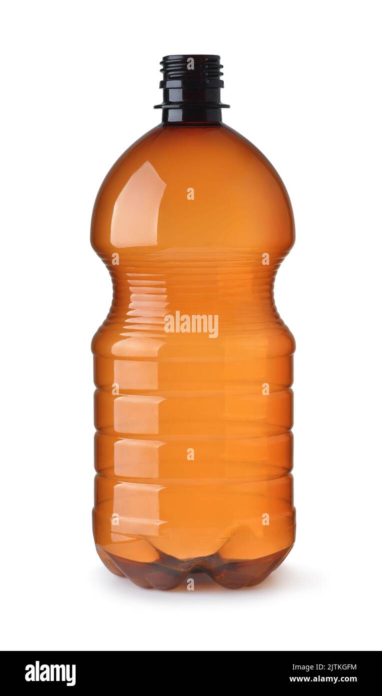 Vista frontal de la botella de plástico PET marrón vacía aislada sobre blanco Foto de stock