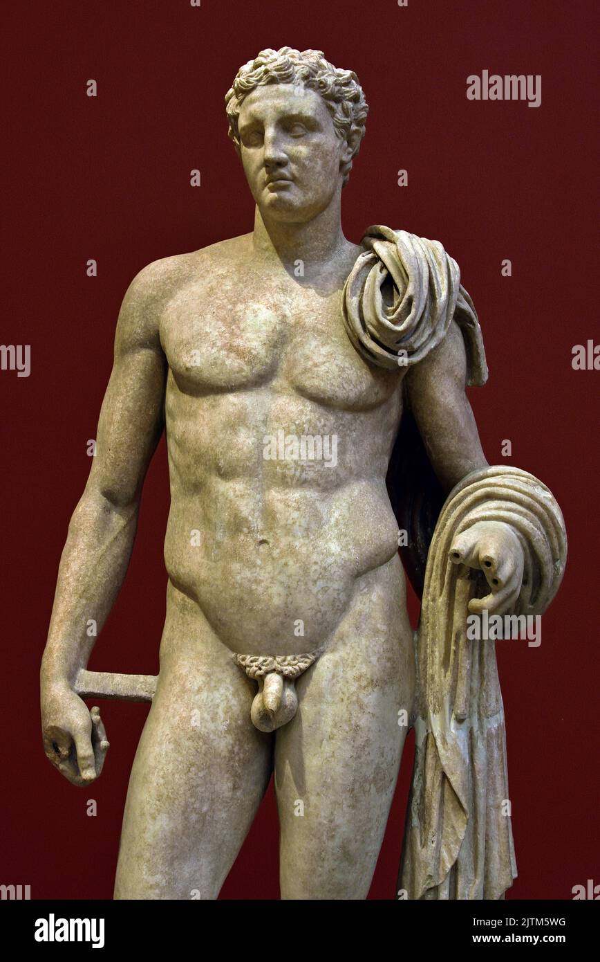 Estatua Hermes de Atalante, estatua del siglo 2nd aC representa a la juventud difunta en la desnudez heroica, después de un original que data del siglo 4th dC e inspirado por el estilo lisippeano, Museo Arqueológico Nacional en Atenas, Grecia Foto de stock