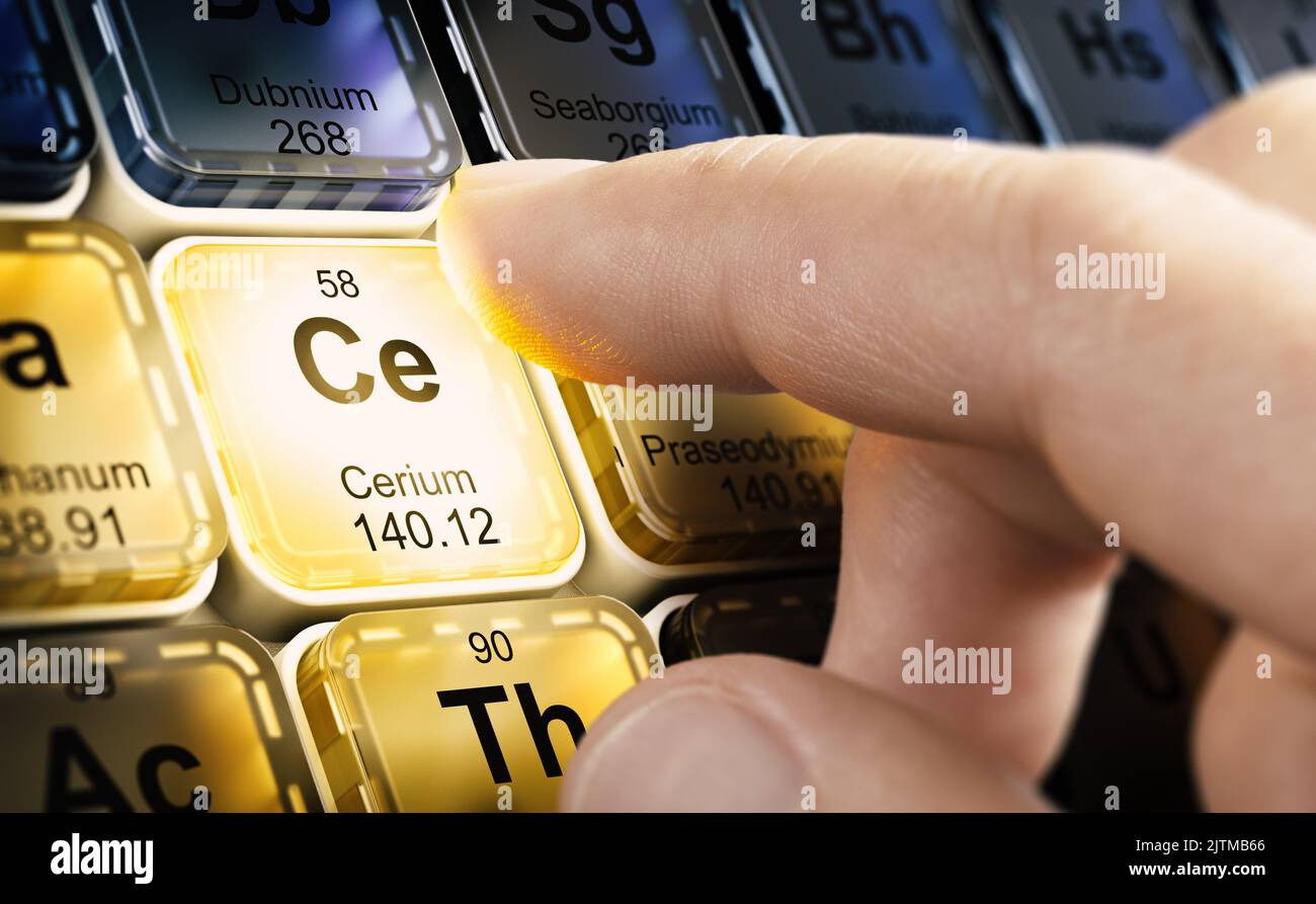 Dedo metido un butón cuadrado con el elemento químico llamado Cerium en una tabla periódica. Imagen compuesta entre una ilustración en 3D y una fotografía. Foto de stock