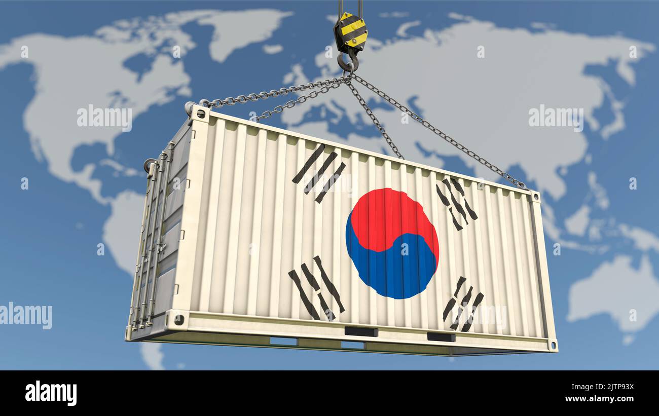 Corea del Sur economía de exportación - contenedor con bandera de Corea del Sur y mapa del mundo en el fondo Foto de stock