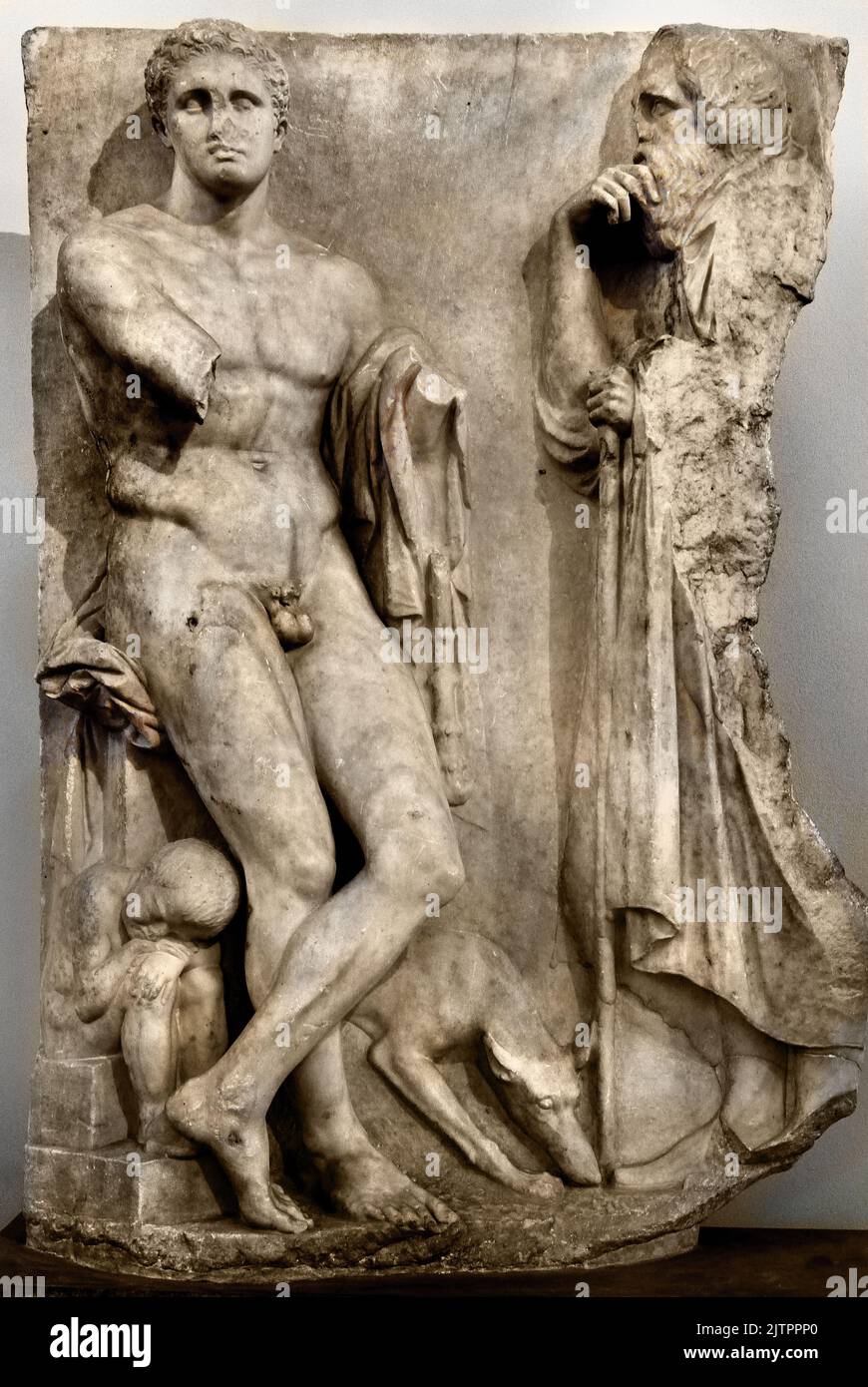 Funerario de mármol de Stele, Juventud, encontrado en el lecho del río Ilissos en Atenas, 340 aC, Museo Arqueológico Nacional en Atenas. Foto de stock
