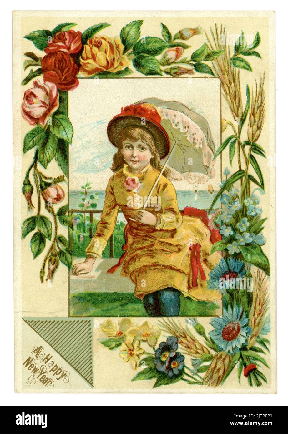 Original y atractiva tarjeta de felicitación victoriana de Año Nuevo de una bonita chica joven con sombrero, sombrilla, hermoso borde de flores de verano (forget-me-nots, cornflowers, rosas, trigo) El título es 'Wishing A Happy New Year', alrededor de 1888, Reino Unido Foto de stock