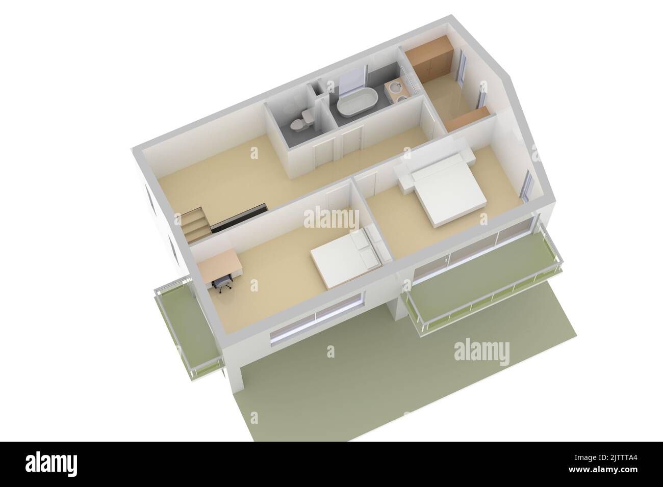 Plano de planta 3D de una casa, renderizado 3D. Diseño de salón abierto Foto de stock