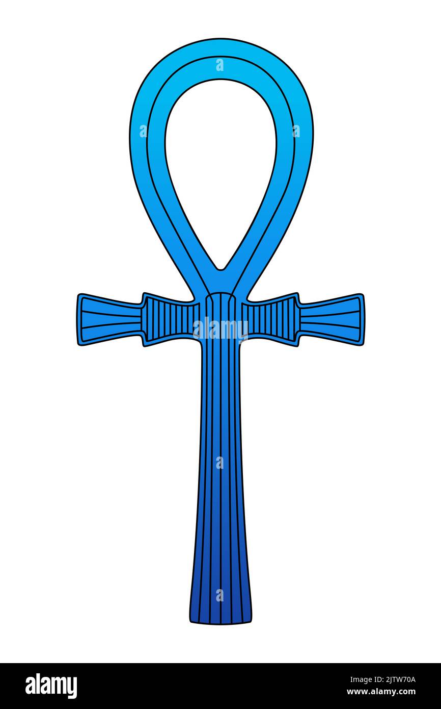 Signo ankh azul, cruz con mango y antiguo símbolo jeroglífico egipcio de dioses y faraones, representando la vida. También conocida como clave de la vida. Foto de stock