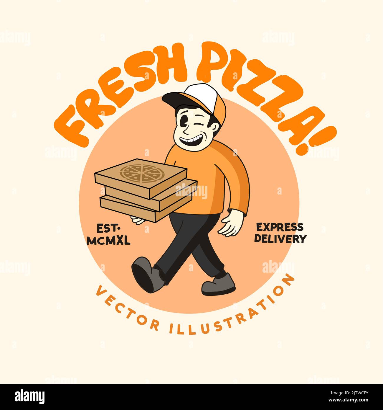 Comida rápida pizza servicio de entrega de comida vintage mascota personaje masculino. Ilustración vectorial. Ilustración del Vector