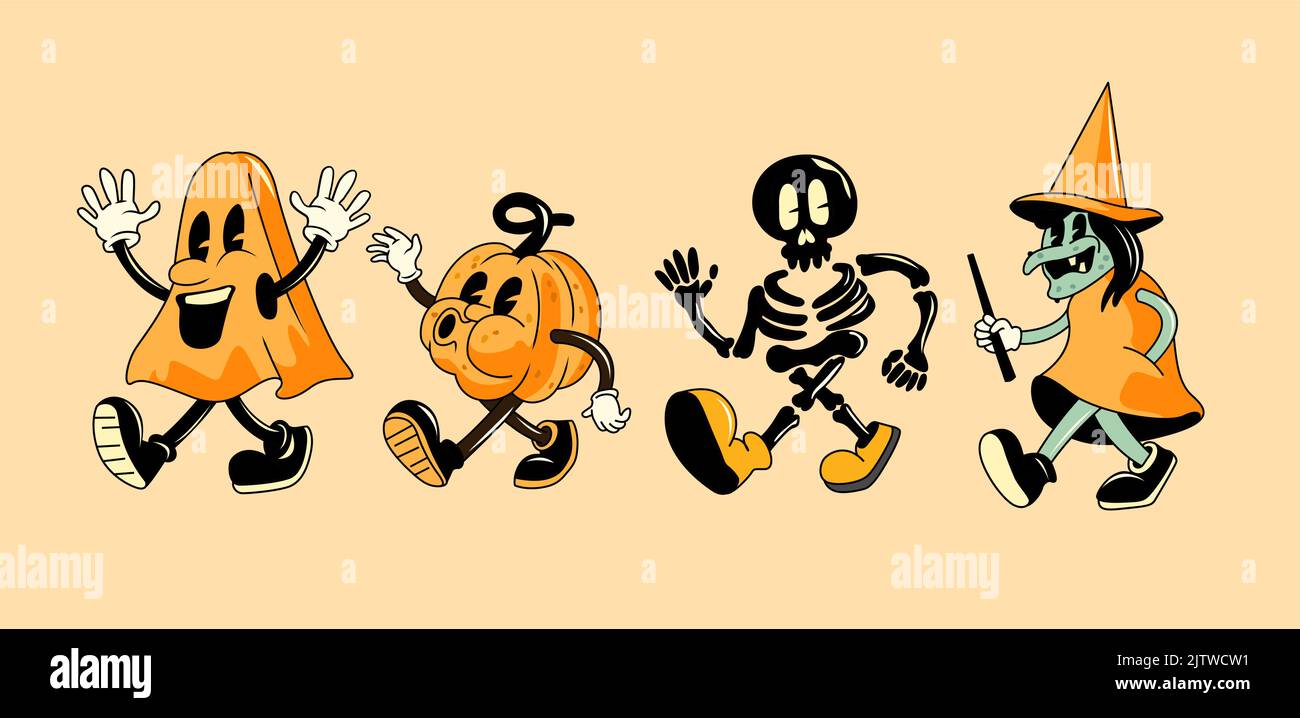 Una colección de personajes de Halloween de estilo vintage incluyendo un fantasma, calabaza y bruja. Ilustración vectorial Ilustración del Vector