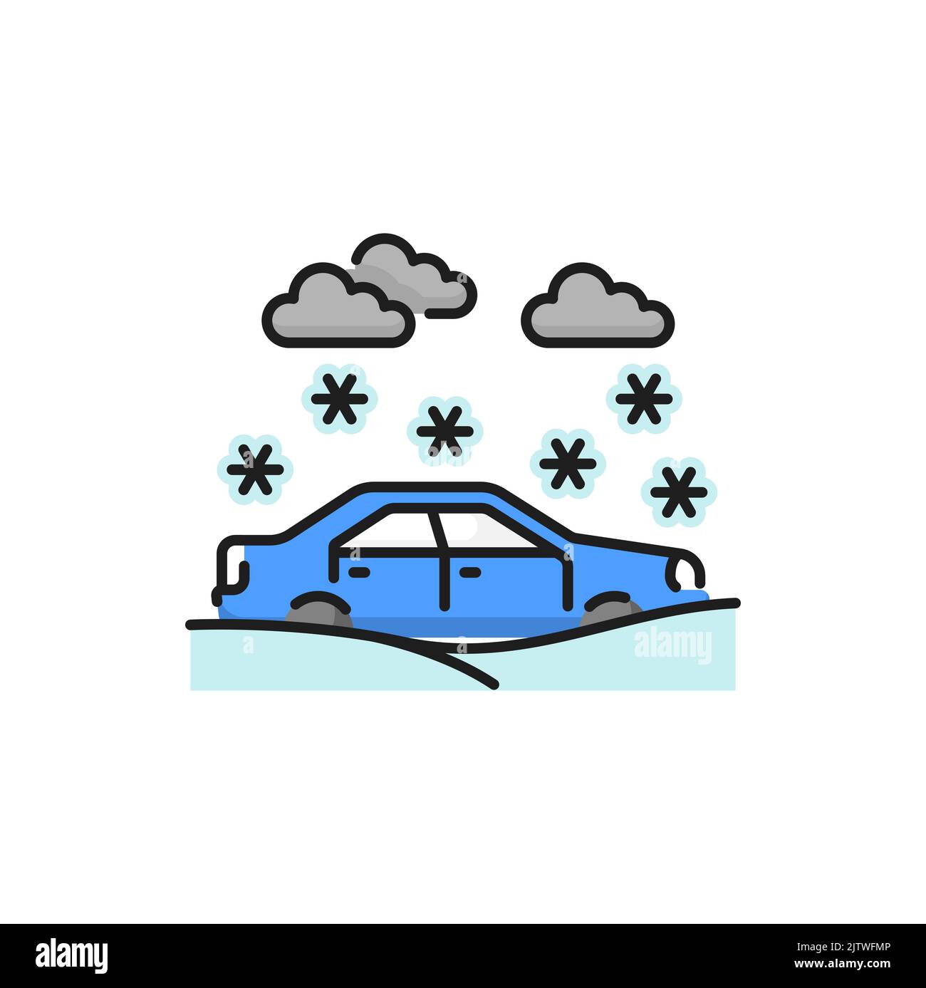 Fuertes nevadas y coche en la nieve desastre natural, invierno clima peligroso. Vehículo vectorial enterrado en un camino resbaladizo congelado, patinando un coche atascado en la nieve Ilustración del Vector