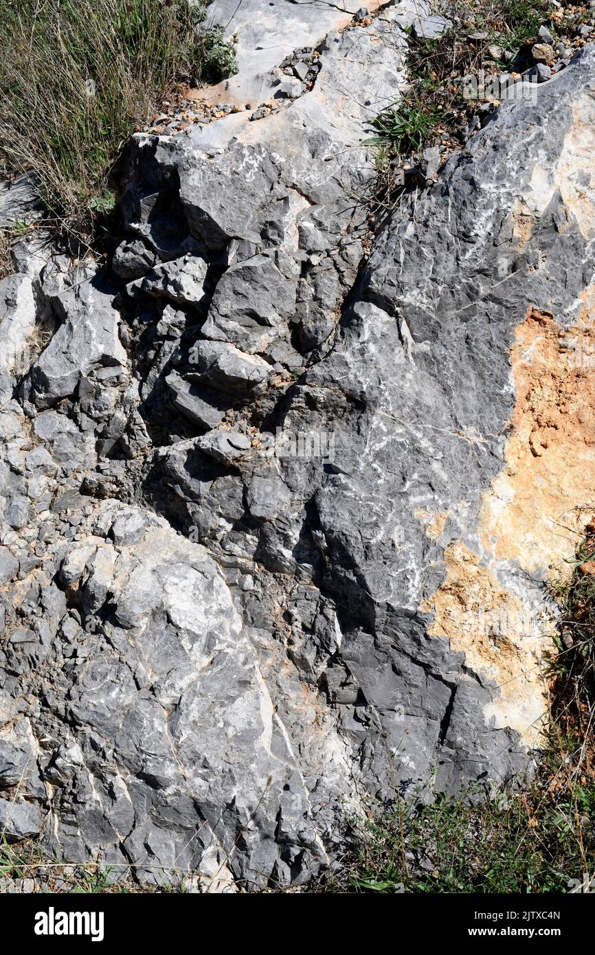 Piedra caliza negra del Jurásico. Esta foto fue tomada en Aldealpozo, Soria, Castilla y León, España. Foto de stock