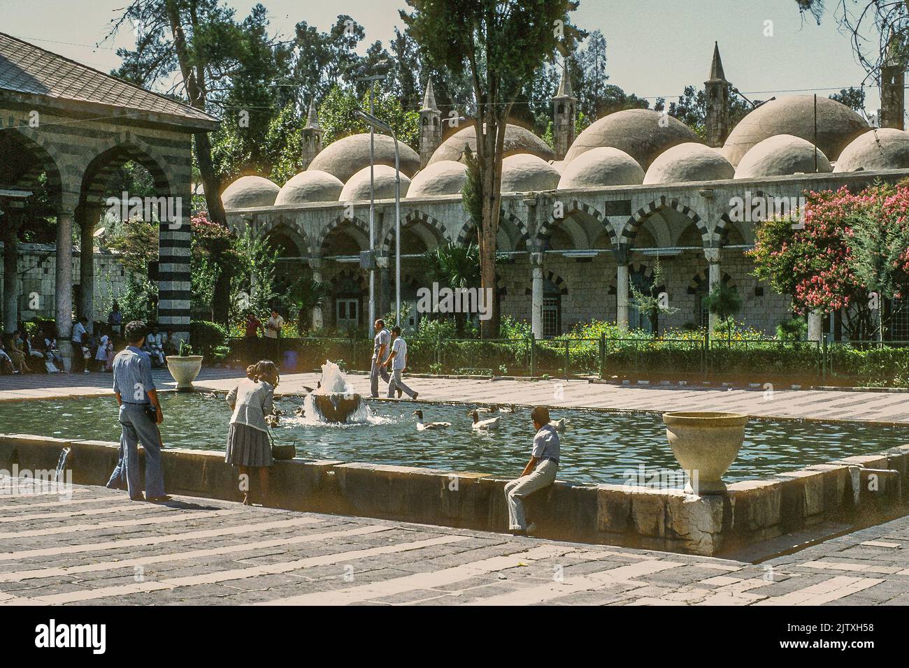 Patio de la era otomana Tekiye Al Suleimaniyeh Mezquita (siglo 16th dC), Damasco, Siria, en 1985 Foto de stock