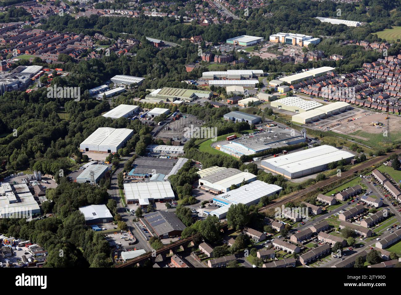 Vista aérea del parque industrial Brittania Way, Bolton Foto de stock