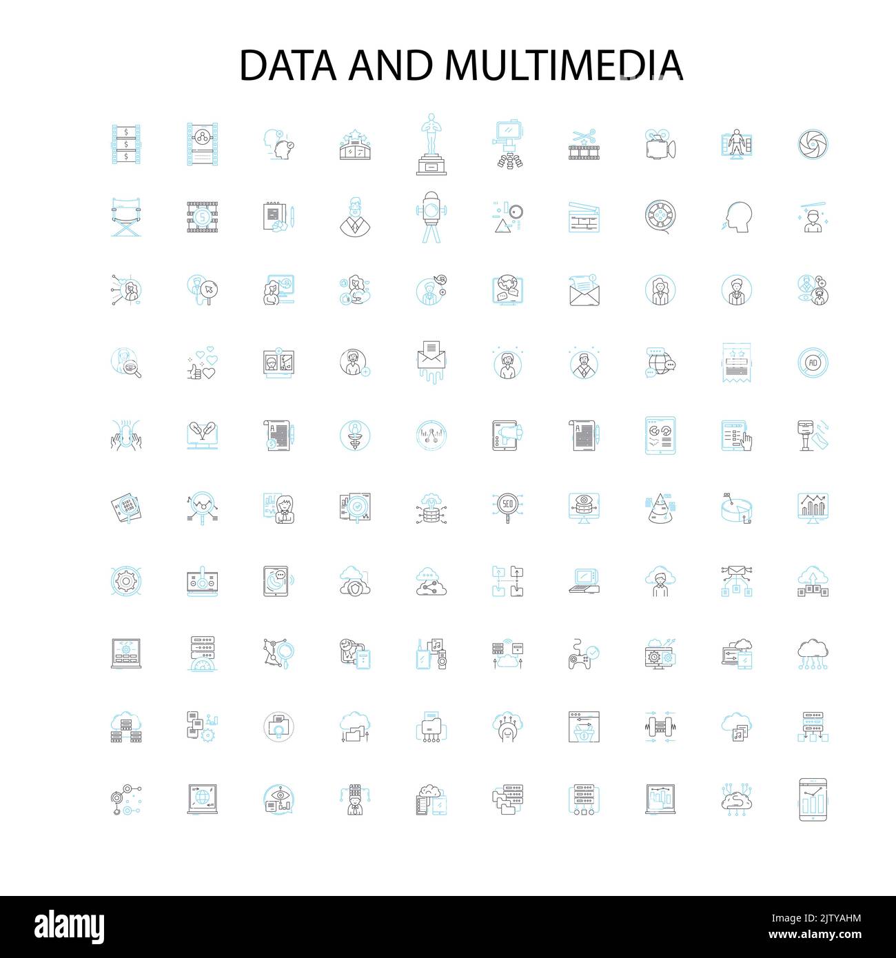 iconos de datos y multimedia, signos, símbolos de contorno, concepto de ilustración lineal colección de líneas Ilustración del Vector